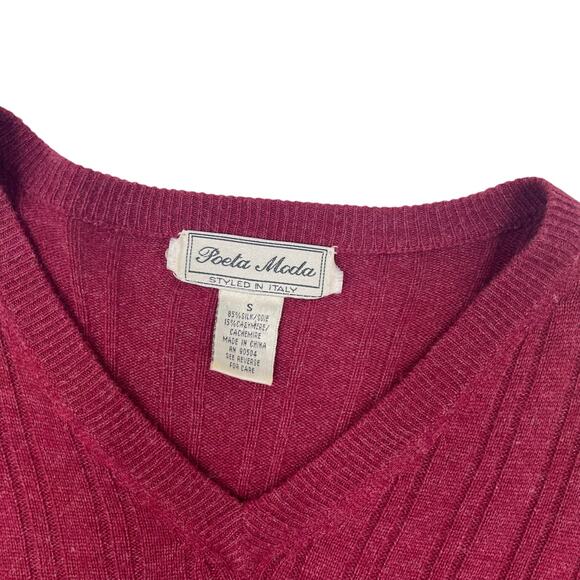 Poeta Moda Mens Vintage 90s Burgundy Cashmere Silk V-Neck Sweater Sz S - Picture 4 of 11